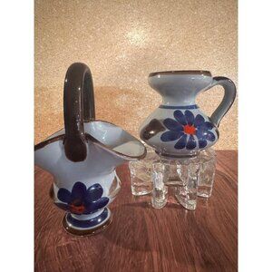 Vintage Hand-Painted Folk Art Pottery – Pitcher‎ & Basket Set